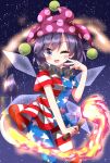  1girl :d american_flag_dress american_flag_legwear american_flag_shirt blush breasts clownpiece clownpiece_(cosplay) commentary_request cosplay doremy_sweet dress fairy_wings grey_eyes grey_hair hat highres holding holding_torch jester_cap leggings neck_ruff night night_sky one_eye_closed pantyhose polka_dot polka_dot_headwear purple_headwear ruu_(tksymkw) short_hair sky small_breasts smile solo star_(sky) star_(symbol) star_print striped striped_dress striped_pantyhose tail tapir_tail torch touhou v wings 