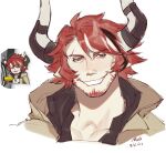  1boy absurdres animal_ears arknights beard cow_boy cow_ears cow_horns creepy_eyes cropped_torso facial_hair full_beard half-closed_eyes highres horns humus_(arknights) looking_at_viewer male_focus mature_male mobrinono multicolored_hair red_hair reference_inset short_hair smile streaked_hair thick_eyebrows 