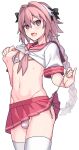  1boy absurdres ae_(aeiu4114) astolfo_(sailor_paladin)_(fate) bikini bikini_under_clothes black_bow blush bow braid clothes_lift cowboy_shot fang fate/grand_order fate_(series) flashing groin hair_between_eyes hair_bow hair_intakes highres lifted_by_self long_hair looking_at_viewer low-braided_long_hair male_focus micro_bikini miniskirt navel neckerchief official_alternate_costume open_mouth otoko_no_ko pink_bikini pink_eyes pink_hair pink_neckerchief pleated_skirt red_sailor_collar red_skirt sailor_collar school_uniform serafuku shirt_lift short_sleeves side-tie_bikini_bottom simple_background single_braid skin_fang skirt smile solo stomach striped striped_bikini swimsuit thighhighs white_background white_serafuku white_thighhighs 