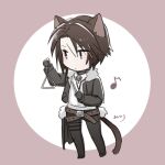  1boy animal_ears belt belt_buckle black_gloves black_jacket black_pants blue_background blue_eyes brown_hair buckle cat_boy cat_ears cat_tail chibi circle commentary_request final_fantasy final_fantasy_viii full_body fur-trimmed_jacket fur-trimmed_waist_cape fur_trim gloves hands_up hiryuu_(kana_h) holding holding_instrument instrument jacket leather_belt lowres male_focus multiple_belts musical_note open_clothes open_jacket pants scar scar_on_face short_hair signature simple_background solo squall_leonhart standing tail triangle_(instrument) waist_cape 