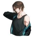  1boy alternate_costume black_jacket black_tank_top blue_eyes brown_hair commentary cropped_torso dated earrings expressionless final_fantasy final_fantasy_viii hiryuu_(kana_h) jacket jewelry male_focus off_shoulder scar scar_on_face short_hair signature simple_background single_earring single_off_shoulder solo squall_leonhart stud_earrings tank_top upper_body white_background 