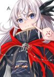  1girl absurdres blue_eyes cape cheek_poking command_spell fate/grand_order fate_(series) feather_hair_ornament feathers fujimaru_ritsuka_(female) grey_hair hair_ornament highres long_hair nglhonn poking pov pov_hands red_cape saika_magoichi_(fate) squiggle white_background 