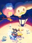  :d alolan_vulpix braixen commentary_request drifloon fire footprints highres lantern looking_up mokukitusui mr._rime no_humans open_mouth pokemon pokemon_(creature) rowlet smile snow spheal standing stick vanillite 