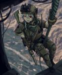  1girl aircraft assault_rifle boots braid epakim gloves gun handgun headset helicopter helmet highres knee_pads night_vision_device original photo_background rappelling red_eyes rifle scope sleeves_rolled_up smile sniper_rifle solo suppressor walkie-talkie weapon white_hair 