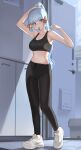  1girl absurdres black_pants black_sports_bra breasts dolri genshin_impact hair_tie_in_mouth high_ponytail highres kamisato_ayaka medium_breasts midriff mouth_hold navel pants solo sports_bra stomach tying_hair yoga_pants 