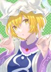  1girl alto2019 animal_ears blonde_hair blue_tabard dress fox_ears fox_shadow_puppet hat highres long_sleeves mob_cap one-hour_drawing_challenge polka_dot polka_dot_background short_hair solo tabard touhou white_dress white_headwear wide_sleeves yakumo_ran yellow_eyes 