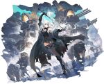  1girl arm_up armored_boots armpits artist_request asymmetrical_legwear azur_lane bear belt black_cape black_coat black_dress black_footwear black_gloves black_thighhighs blizzard boots breasts brown_eyes cannon cape cleavage cleavage_cutout clothing_cutout coat dress eyepatch floating_hair full_body fur-trimmed_coat fur_trim gloves glowing glowing_eyes hair_between_eyes hair_ornament hair_over_one_eye high_heel_boots high_heels highres holding holding_sword holding_weapon kirov_(azur_lane) kirov_(meta)_(azur_lane) knee_boots long_hair long_sleeves looking_at_viewer medium_breasts non-web_source off_shoulder official_art one_eye_covered open_clothes open_coat outdoors outstretched_arm polaris_(star) polearm rapier reflective_floor rigging short_dress sleeveless sleeveless_dress snow snowing solo spear standing sword thigh_strap thighhighs torn_cape torn_clothes turret uneven_legwear very_long_hair weapon white_hair x_hair_ornament 