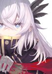  1girl black_cloak blue_eyes cloak commentary_request crossed_bangs fate/grand_order fate_(series) feather_hair_ornament feathers hair_between_eyes hair_ornament red_cloak saika_magoichi_(fate) shirabi sidelocks solo white_hair 