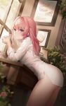  1girl blush breasts closed_mouth coffee_mug cup highres long_hair long_sleeves looking_at_viewer medium_breasts mug original picture_frame pink_hair plant purple_eyes rimuu smile solo thighs window 