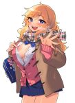  1girl areola_slip bag blonde_hair blue_bow blue_eyes blue_skirt blush bow breasts brown_jacket cardigan checkered_clothes checkered_scarf cleavage cleavage_cutout clothing_cutout commentary_request hazuki_(nature.) highres idolmaster idolmaster_cinderella_girls jacket large_breasts long_hair looking_at_viewer ohtsuki_yui open_cardigan open_clothes open_mouth partially_unbuttoned pink_cardigan scarf school_bag school_uniform shirt simple_background skirt smile solo wavy_hair white_shirt 