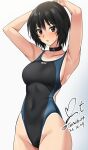  1girl amagami arm_behind_head armpits arms_up belt_collar black_collar black_eyes black_hair black_one-piece_swimsuit blue_one-piece_swimsuit bob_cut breasts collar commentary competition_swimsuit covered_navel dated grey_background groin hair_between_eyes highleg highleg_swimsuit highres looking_at_viewer medium_breasts nanasaki_ai one-piece_swimsuit parted_lips short_hair signature simple_background solo sweatdrop swimsuit tan tanlines twitter_username two-tone_swimsuit yoo_tenchi 