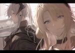  2girls animal_ears arknights black_choker black_hairband black_jacket blonde_hair blue_eyes choker closed_mouth dog_ears dog_girl dragon_girl dragon_horns earclip grey_hair hair_between_eyes hairband highres horns jacket joshua_(shisanli934) kristen_(arknights) light_smile long_hair looking_at_viewer multiple_girls orange_eyes outdoors ponytail saria_(arknights) turtleneck 