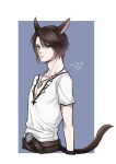  1boy animal_ears belt belt_buckle black_gloves blue_background blue_eyes brown_hair buckle cat_boy cat_ears cat_tail commentary_request cropped_torso dated final_fantasy final_fantasy_viii gloves hiryuu_(kana_h) jewelry leather_belt looking_to_the_side male_focus multiple_belts necklace scar scar_on_face shirt short_hair short_sleeves signature simple_background solo squall_leonhart tail upper_body white_shirt 