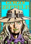  antykvarnyy_kalamar blonde_hair cowboy_hat cowboy_western green_eyes green_lips gyro_zeppeli hat jojo_no_kimyou_na_bouken long_hair male_focus portrait poster_(object) steel_ball_run 