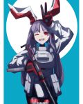  ammunition_pouch animal_ears armor corporalblake cowboy_shot gloves gun highres holding holding_gun holding_weapon long_hair long_sleeves one_eye_closed pouch purple_hair rabbit_ears red_eyes red_gloves reisen_udongein_inaba rifle simple_background tactical_clothes touhou v weapon 