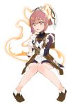  1girl animal_ears ankle_boots blue_shirt boots brown_hair cowlick fire_emblem fire_emblem_heroes frilled_sleeves frills glowing_tail gold_trim graffiti_uthn grey_eyes highres leather_belt ratatoskr_(fire_emblem) shirt solo squirrel_ears squirrel_girl 
