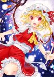  1girl alto2019 ascot blonde_hair crystal_wings flandre_scarlet frilled_skirt frills hat hat_ribbon highres marker_(medium) mob_cap puffy_short_sleeves puffy_sleeves red_eyes red_ribbon red_skirt red_vest ribbon shirt short_sleeves skirt skirt_set solo touhou traditional_media vest white_headwear white_shirt yellow_ascot 