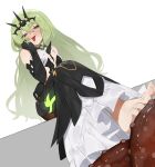  1girl bare_shoulders barefoot black_gloves breasts crown dress feet flasso foot_focus forked_tongue frilled_dress frills gloves green_eyes green_hair hair_ornament highres honkai_(series) honkai_impact_3rd long_hair looking_at_viewer mobius_(honkai_impact) octopus saliva simple_background single_sleeve sitting small_breasts smile solo sweatdrop tentacles tongue tongue_out white_background 