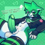  1:1 absurd_res anthro biped bulge clothed clothing crop_top digital_media_(artwork) english_text erection fur genitals girly green green_background green_body green_eyes green_fur green_hair hair hi_res inviting inviting_to_sex legwear looking_at_viewer lying male midriff nagifur navel on_back open_mouth panties penis personification shirt simple_background smile smug solo text thick_thighs thigh_highs topwear underwear whatsapp 