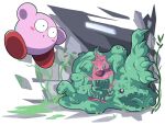  blush_stickers claws colored_skin fangs fecto_forgo fecto_forgo_(monster) grass highres kirby kirby_(series) kirby_and_the_forgotten_land monster multiple_heads no_humans o_o open_mouth pink_skin poyo_party tongue 