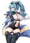  1girl absurdres adapted_costume alternate_hairstyle black_hairband blue_cape blue_hair boots breasts cape chest_harness cowboy_shot elze_(s01047480836) eula_(genshin_impact) genshin_impact hair_between_eyes hair_ornament hair_ribbon hairband harness high-waist_shorts high_ponytail highres large_breasts long_hair navel orange_eyes parted_lips ribbon shorts side_cape sidelocks solo stomach thigh_boots vision_(genshin_impact) white_background 