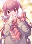  1girl absurdres blurry blurry_background blush brown_coat coat earmuffs enpera highres long_hair long_sleeves looking_at_viewer mmmera827 open_mouth original plaid plaid_scarf purple_hair red_eyes red_scarf scarf solo upper_body winter 
