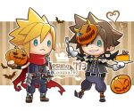  2boys :3 aqua_eyes armor artist_name black_footwear black_jacket black_shorts blonde_hair blue_pants blue_shirt boots brown_footwear brown_hair cake cake_slice chibi cloak cloud_strife final_fantasy final_fantasy_vii food food-themed_hair_ornament fork gloves hair_between_eyes hair_ornament hair_over_one_eye highres holding holding_food holding_fork jack-o&#039;-lantern jack-o&#039;-lantern_hair_ornament jacket kingdom_hearts lesuna letterboxed looking_at_another male_focus multiple_boys official_alternate_costume pants pointy_footwear pumpkin_hair_ornament red_cloak shirt short_hair shorts shoulder_armor sleeveless sleeveless_turtleneck sora_(kingdom_hearts) spiked_hair the_nightmare_before_christmas torn_cloak torn_clothes turtleneck twitter_username white_gloves 