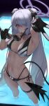  1girl ahoge arc2urus arm_up armpits bare_shoulders bikini black_bikini black_gloves blue_archive blush breasts closed_mouth collarbone cowboy_shot gloves grey_hair groin hair_over_one_eye halo highres holding iori_(blue_archive) iori_(swimsuit)_(blue_archive) long_hair looking_at_viewer medium_breasts navel official_alternate_costume pool red_eyes shallow_water solo standing stomach swimsuit tail thigh_strap thighs very_long_hair wading water 