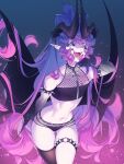  absurdres armlet ass_visible_through_thighs black_sclera blue_eyes choker colored_sclera cowboy_shot demon_horns demon_wings fangs gradient_hair highres horns inverted_cross_earrings long_hair looking_at_viewer lunecifer multicolored_hair navel open_mouth original piercing pink_hair pointy_ears ponytail purple_hair single_thighhigh spiked_armlet spiked_choker spiked_thighlet spikes teeth thighhighs tongue tongue_piercing very_long_hair wings zipper zipper_pull_tab 