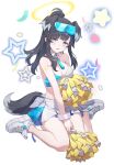  1girl absurdres animal_ears bare_shoulders black_hair blue_archive blue_eyes blush breasts cheerleader cleavage commentary_request confetti crop_top dog_ears dog_girl dog_tail eyewear_on_head goggles goggles_on_head halo hibiki_(blue_archive) hibiki_(cheer_squad)_(blue_archive) highres holding holding_pom_poms long_hair looking_at_viewer midriff millennium_cheerleader_outfit_(blue_archive) miniskirt official_alternate_costume pom_pom_(cheerleading) shoes simple_background sitting skirt sneakers solo star_(symbol) star_sticker sticker_on_arm sticker_on_face sunglasses tail text_print white_background white_footwear white_skirt yellow_halo yukiyaii 