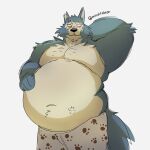  anthro beastars belly big_belly black_nose blue_body blue_fur canid canine canis clothing cream_belly eye_scar facial_scar fluffy fur hand_behind_head hand_on_stomach hands_on_belly hi_res legoshi_(beastars) looking_at_viewer male mammal mindof navel notched_ear overweight overweight_anthro overweight_male pawprint_print pecs print_clothing print_underwear scar simple_background solo underwear white_background wolf 
