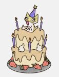  anthro birthday birthday_cake birthday_hat cake candle dairy_products derp_eyes dessert eublepharid food frosting fruit gecko geckobold kobold leopard_gecko lizard male maroon_(artist) plant reptile scales scalie sitting_on_cake solo strawberry whipped_cream yellow_body yellow_scales 