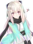  1girl arm_guards black_scarf blush bow breasts commentary_request cosplay fate/grand_order fate/kaleid_liner_prisma_illya fate_(series) hair_bow haori illyasviel_von_einzbern japanese_clothes kimono koha-ace long_hair long_sleeves looking_at_viewer obi okita_souji_(fate) okita_souji_(koha-ace) okita_souji_(koha-ace)_(cosplay) pei_iriya red_eyes sash scarf sidelocks small_breasts smile solo white_hair white_kimono wide_sleeves 