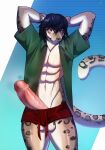  abs anthro big_penis clothed clothing felid genitals hi_res kirimin looking_at_viewer male mammal open_clothing open_shirt open_topwear pantherine penis shirt snow_leopard solo suntramp topwear 