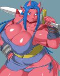  absurd_res asian_mythology big_breasts blue_eyes blue_hair blush breasts cleavage clothed clothing demon east_asian_mythology female grey_background hair hand_on_hip hi_res holding_object holding_sword holding_weapon horn horned_humanoid huge_breasts humanoid japanese_mythology kjm_video long_hair melee_weapon muscular muscular_female mythology nipple_outline ogre_(dragon_quest_x) oni panties purple_clothing purple_panties purple_underwear red_body red_horn red_skin simple_background solo spikes spikes_(anatomy) sword tail tailed_humanoid thick_thighs underwear weapon weapon_on_shoulder wide_hips yokai 