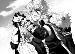  1boy after_battle armor blood blood_on_face bruise cape collared_cape excalibur_galatine_(fate) fate/extra fate/grand_order fate_(series) fur-trimmed_cape fur_trim gauntlets gawain_(fate) greyscale hair_between_eyes highres injury knight monochrome pectorals planted planted_sword potato_goril short_hair solo sword thick_eyebrows upper_body weapon 