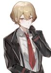  1boy black_coat black_gloves blonde_hair bonno_sasu coat collared_shirt gloves hand_up highres limbus_company long_sleeves necktie project_moon red_necktie shirt simple_background sinclair_(project_moon) solo upper_body white_background white_shirt yellow_eyes 