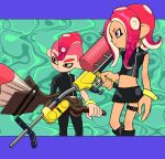  1boy 1girl black_shorts commentary_request crop_top e-liter_4k_(splatoon) green_background grey_eyes gun highres holding holding_gun holding_weapon letterboxed long_hair midriff mohawk octobrush_(splatoon) octoling octoling_boy octoling_girl red_hair short_hair shorts splatoon_(series) standing tentacle_hair weapon xdies_ds yellow_bracelet yellow_eyes zipper 