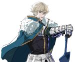  1boy absurdres armor blonde_hair blue_cape blue_eyes cape collared_cape excalibur_galatine_(fate) fate/extra fate/grand_order fate_(series) from_side fur-trimmed_cape fur_trim gauntlets gawain_(fate) hair_between_eyes highres knight looking_at_viewer male_focus parted_lips planted planted_sword potato_goril short_hair solo sword thick_eyebrows weapon 