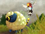  animal_focus artist_name beak bird black_eyes commentary_request fletchling flying grey_sky mareep no_humans on_grass pokemon pokemon_(creature) sheep sky solid_circle_eyes sreg_ao_art tail 