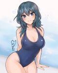  1girl alternate_costume artist_name bare_shoulders black_hair blue_eyes breasts byleth_(fire_emblem) cleavage fire_emblem fire_emblem:_three_houses highres large_breasts medium_hair one-piece_swimsuit purrlucii solo swimsuit 