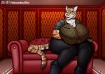  anthro big_breasts black_lips breasts clothed clothing crossgender epic_games felid female fortnite furniture hi_res huge_breasts lips mammal mature_female mommy_kink oscar_(fortnite) overweight palmarianfire pantherine pinup pose slightly_chubby sofa solo thick_thighs tiger 