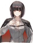  1girl black_hair black_jacket bonno_sasu cigarette collarbone grin hand_up highres jacket jacket_on_shoulders limbus_company long_sleeves project_moon red_eyes ryoshu_(project_moon) shirt short_hair simple_background smile solo white_background white_shirt 