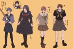  4boys a3! ahoge arakawa_shift asuka_haruto black_serafuku brown_hair brown_serafuku crossdressing full_body highres ikaruga_madoka kagami_chisato kamikizaka_reni kashima_yuzo long_hair looking_at_viewer male_focus multiple_boys orange_background orange_eyes purple_eyes purple_hair purple_serafuku red_hair school_uniform serafuku short_hair translation_request 