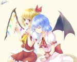  2girls absurdres ascot back_bow bat_wings blonde_hair blue_hair blush bow breasts brooch brown_background chakuma_(yiyh1468) closed_eyes closed_mouth collarbone collared_shirt crystal fangs fingernails flandre_scarlet frilled_shirt_collar frilled_skirt frills highres jewelry large_bow long_fingernails looking_at_another medium_hair multicolored_wings multiple_girls nail_polish no_headwear no_shoes open_mouth pink_shirt pink_skirt puffy_short_sleeves puffy_sleeves red_ascot red_bow red_brooch red_eyes red_nails red_ribbon red_skirt remilia_scarlet ribbon ribbon-trimmed_sleeves ribbon_trim sharp_fingernails shirt short_sleeves shoulder-to-shoulder siblings signature simple_background sisters skirt sleeve_bow sleeve_ribbon small_breasts socks touhou white_bow white_shirt white_socks wings wrist_cuffs yellow_ascot 