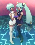  2girls aqua_hair bare_shoulders bracelet closed_mouth dark-skinned_female dark_skin full_body highres hoshi_mikan interlocked_fingers jewelry long_hair looking_at_viewer mega_man_(series) mega_man_legends multiple_girls open_mouth red_eyes sera_(mega_man) short_hair siblings sisters skirt smile standing tattoo thighhighs twins twintails very_long_hair yuna_(mega_man) 