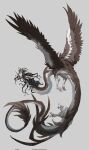  animal_ears animal_focus bird_wings black_hair body_fur brown_fur claws dragon eastern_dragon feathered_wings flying from_side full_body highres horns medium_hair messy_hair monster multiple_horns no_humans original pawpads profile red_eyes spread_wings tail wavy_hair white_fur wings xiaopizi32439 
