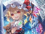  1girl blonde_hair crystal curtains facing_to_the_side fangs finger_to_own_chin flandre_scarlet hat hat_ribbon holding holding_stuffed_toy looking_at_viewer medium_hair mob_cap multicolored_wings night open_mouth pointy_ears puffy_short_sleeves puffy_sleeves red_eyes red_vest ribbon shirt short_sleeves side_ponytail signature skin_fangs sky smile solo star_(sky) starry_sky stuffed_animal stuffed_toy teddy_bear touhou toutenkou upper_body vest watermark white_headwear white_shirt window wings 