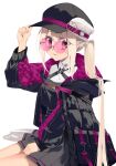  1girl belt black_dress black_headwear black_jacket breasts collared_shirt cosplay dress fate/grand_order fate/kaleid_liner_prisma_illya fate_(series) fur-trimmed_headwear fur_trim glasses hat highres illyasviel_von_einzbern jacket long_hair long_sleeves looking_at_viewer medusa_(fate) medusa_(saber)_(fate) medusa_(saber)_(fate)_(cosplay) pei_iriya pink-tinted_eyewear red_eyes round_eyewear shirt sidelocks small_breasts smile solo tinted_eyewear twintails very_long_hair white_hair white_shirt 