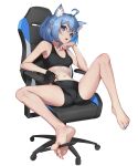  1girl absurdres ahoge animal_ear_fluff animal_ears barefoot between_toes bike_shorts black_gloves black_shorts black_sports_bra blue_eyes blue_hair blue_nails breasts bright_pupils cat_ears cat_girl chair crossed_bangs fang feet fingernails gaming_chair gloves hair_between_eyes head_rest highres looking_at_viewer medium_breasts medium_hair midriff nail_polish navel open_mouth original partially_fingerless_gloves pjman shorts simple_background single_glove sitting skin_fang soles solo sports_bra spread_legs stylus swivel_chair tail toenail_polish toenails toes white_background white_pupils 